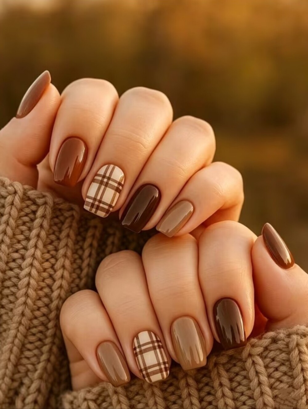 Neutral Brown Plaid Press On Nails